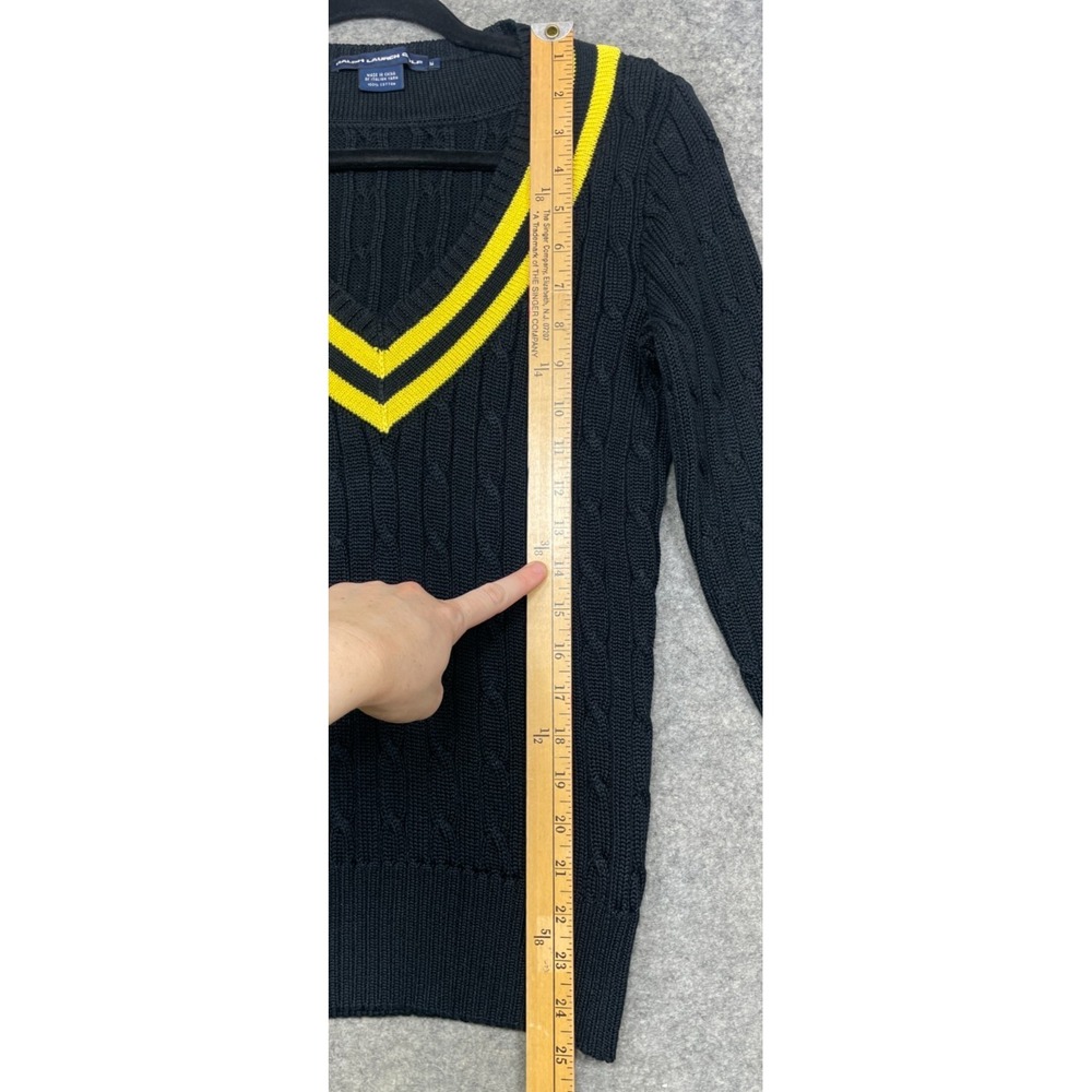 Vintage Ralph Lauren Golf Sweater Womens M Black Yellow Cable Knit V Neck Preppy - Picture 12 of 13